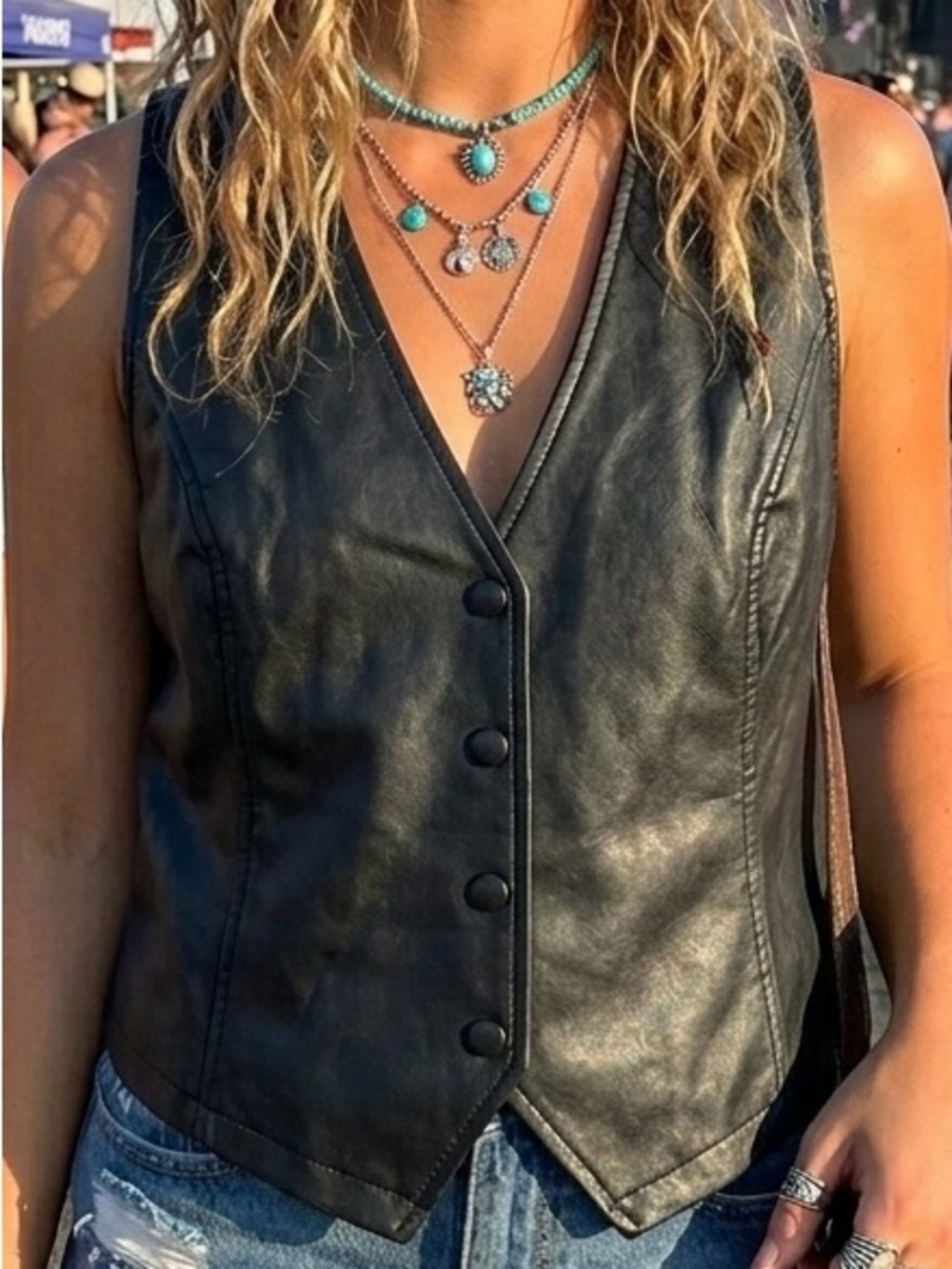 Molly Green Black Faux Leather Vest Button Front Boho Moto Concert Layering L